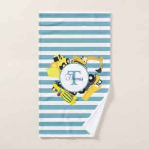 Construction Trucks Blue Stripes Monogram Bath Towel Set