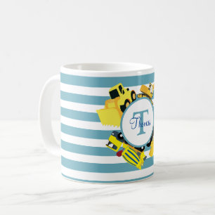 Construction Trucks Blue Stripes Monogram Coffee Mug