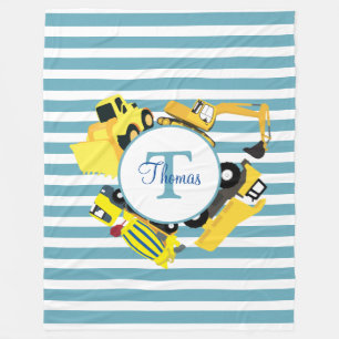 Construction Trucks Blue Stripes Monogram Fleece Blanket