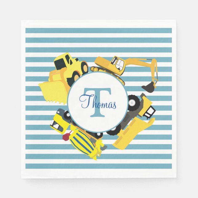 Construction Trucks Blue Stripes Monogram Napkin (Front)
