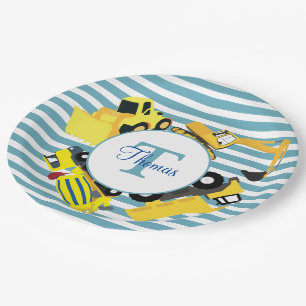 Construction Trucks Blue Stripes Monogram Paper Plate