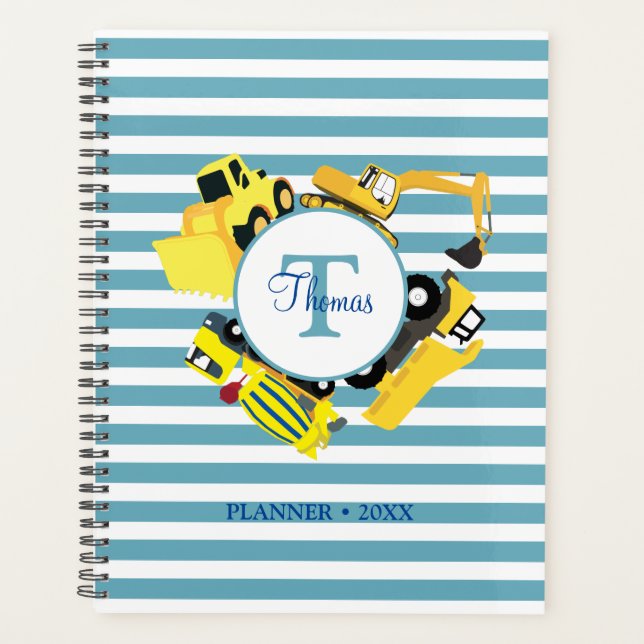 Construction Trucks Blue Stripes Monogram Planner (Front)