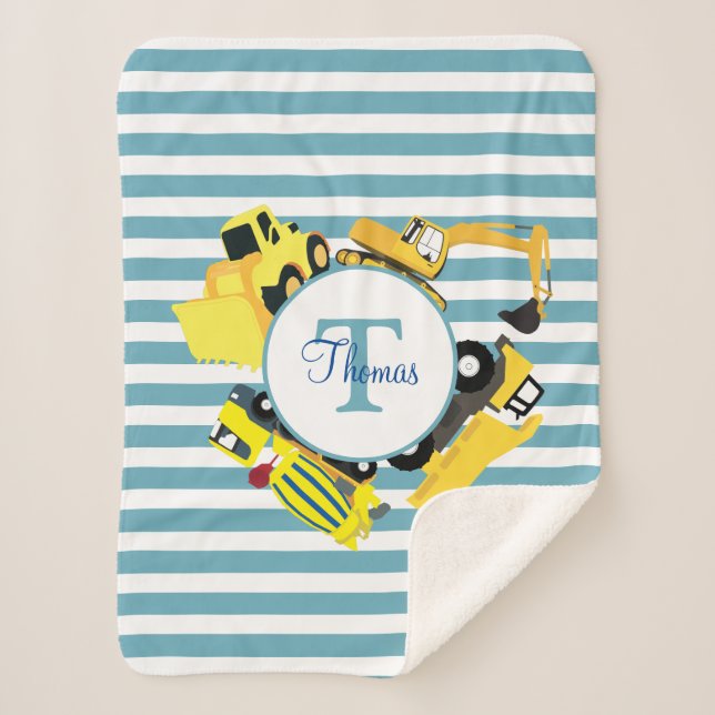 Construction Trucks Blue Stripes Monogram Sherpa Blanket (Front)