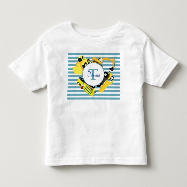 Construction Trucks Blue Stripes Monogram Toddler T-Shirt (Front)