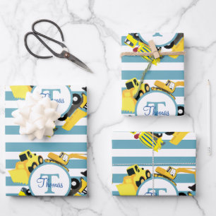 Construction Trucks Blue Stripes Monogram Wrapping Paper Sheet