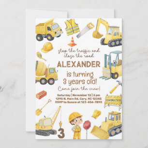 Construction trucks boy 3rd birthday invitation. invitation