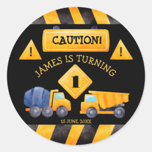 Construction trucks boys birthday party  classic round sticker