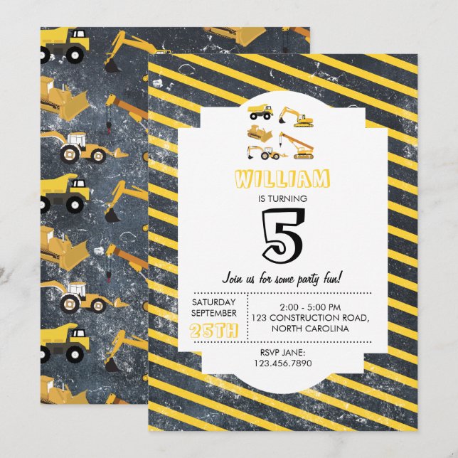 Construction Trucks Boys Birthday Party Invitation (Front/Back)