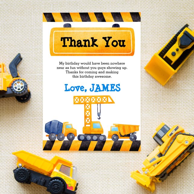 Construction trucks boys birthday party thank you card (Creator Uploaded)