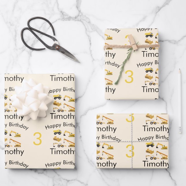 Construction Trucks Boy's Name & Age Birthday Wrapping Paper Sheet (Front)