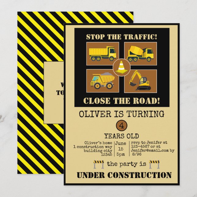 Construction Trucks | Boys Themed Birthday Party Invitation (Front/Back)