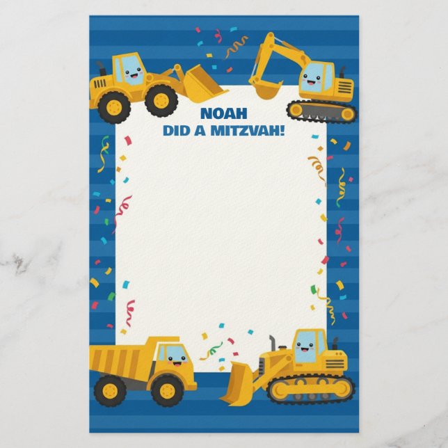Construction Trucks Customised Name Mitzvah Note Stationery (Front)