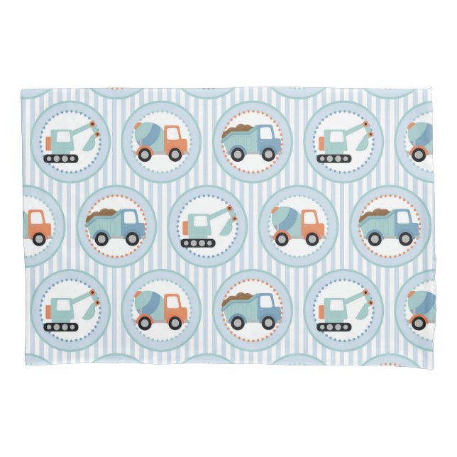 Construction Trucks - Cute Blue White Pillowcase (Front)