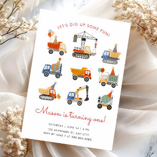 Construction Trucks Digger Dump Truck Birthday Invitation