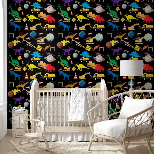 Construction Trucks Dinosaurs Boys Nursery Bedroom Wallpaper (Kids)