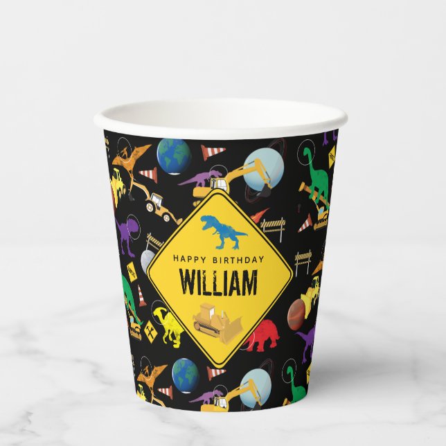 Construction Trucks Dinosaurs in Space Birthday  Paper Cups (Front)