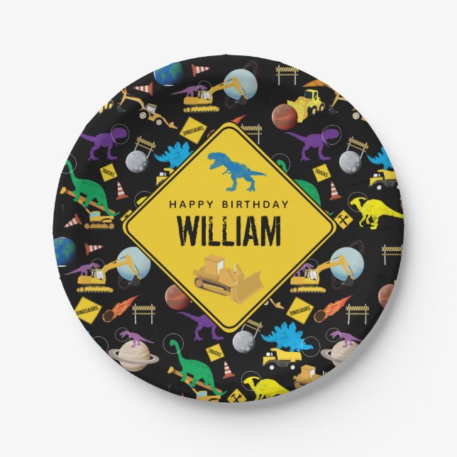 Construction Trucks Dinosaurs in Space Birthday Paper Plate (Front)