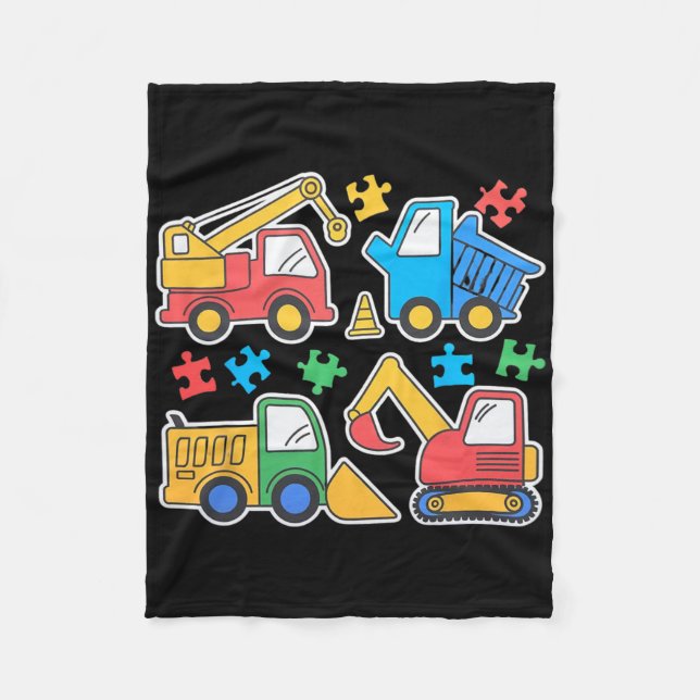 Construction Trucks Excavator Autism Awareness Tee Fleece Blanket (Front)