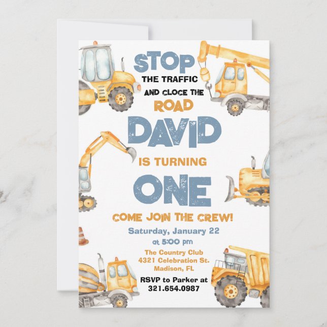 Construction Trucks First Birthday Party Invitation (Front)