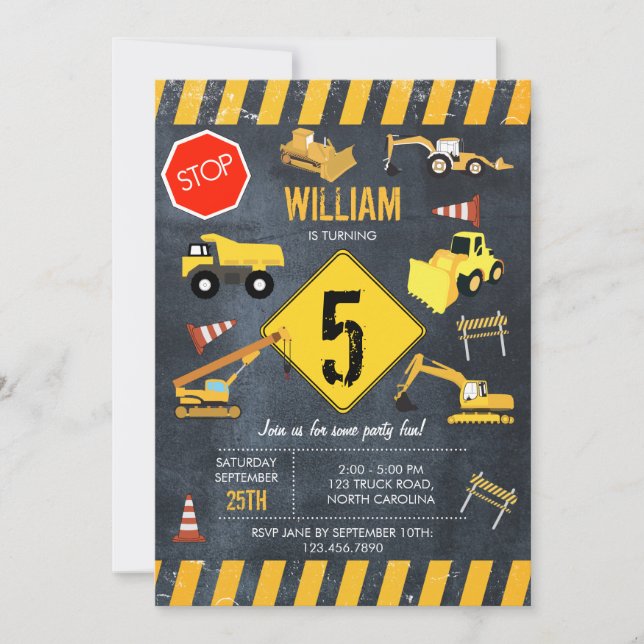 Construction Trucks Heavy Machinery Birthday Invitation (Front)