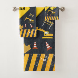 Construction Trucks Heavy Machinery Boy Name Bath Towel Set