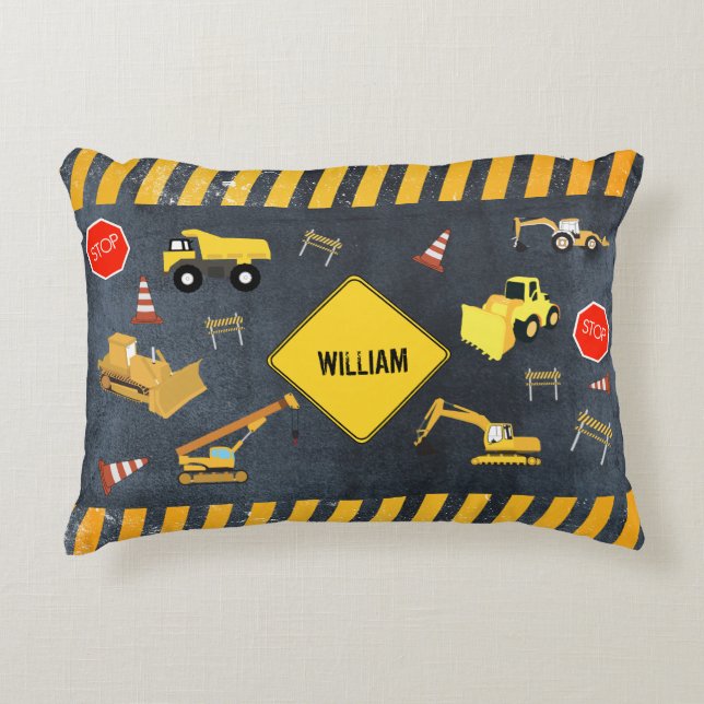 Construction Trucks Heavy Machinery Boy Name Decorative Cushion (Front)