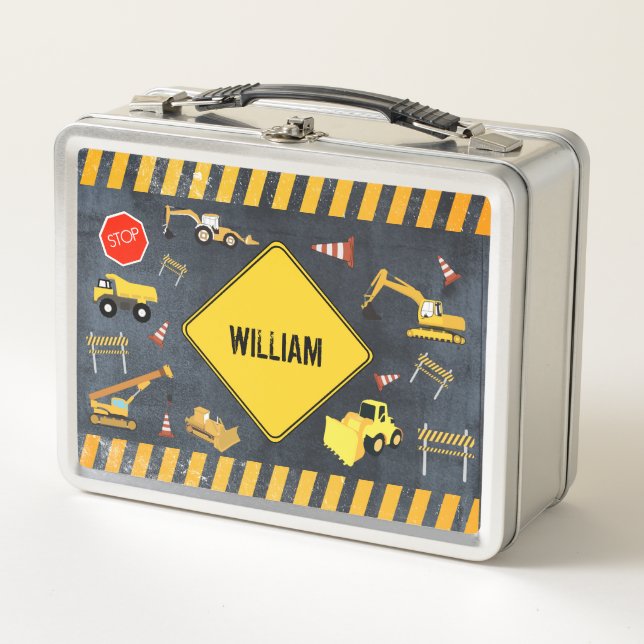 Construction Trucks Heavy Machinery Boy Name  Metal Lunch Box (Front)