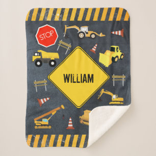 Construction Trucks Heavy Machinery Boy Name  Sherpa Blanket