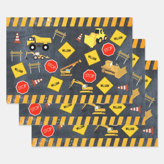 Construction Trucks Heavy Machinery Boy Name Wrapping Paper Sheet (Set)