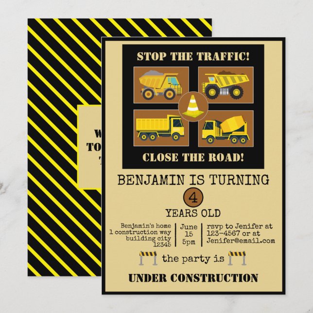 Construction Trucks | Kid Birthday Party Decor Invitation (Front/Back)
