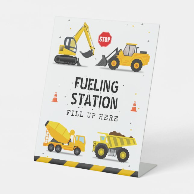 Construction Trucks Kids Birthday Fuelling Station Pedestal Sign (Front)
