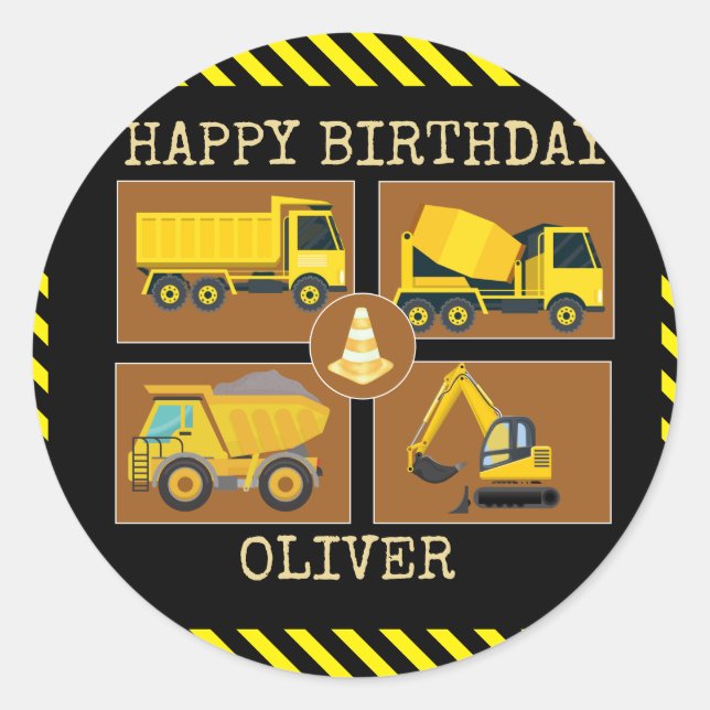 Construction Trucks | Kids Birthday Party Square S Classic Round Sticker (Front)
