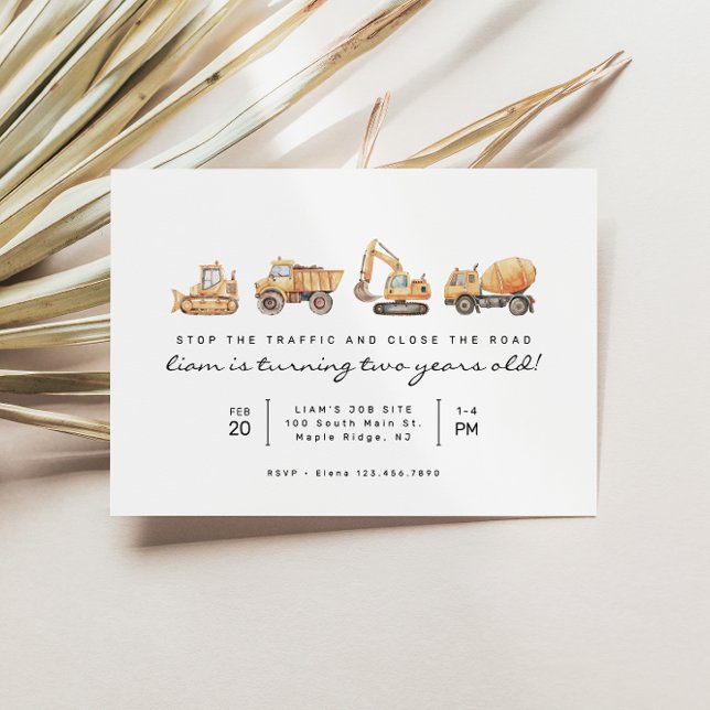Construction Trucks Modern Minimal Birthday Invitation (Creator Uploaded)
