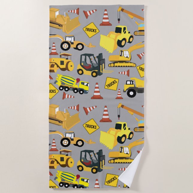 Construction Trucks Pattern Beach Towel (Front)