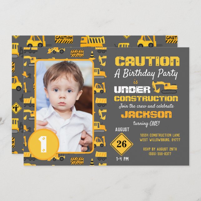 Construction Trucks Pattern Birthday Photo Grey Invitation (Front/Back)