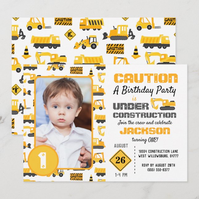Construction Trucks Pattern Birthday Photo Invitation (Front/Back)