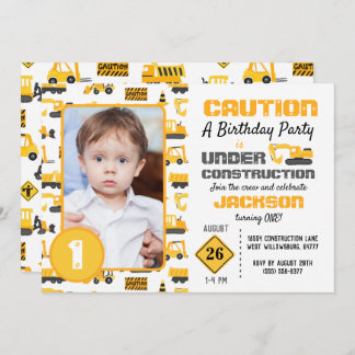 Construction Trucks Pattern Birthday Photo Invitation