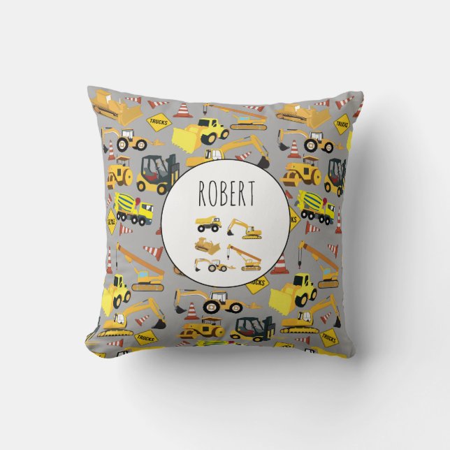 Construction Trucks Pattern Customised Name Cushion (Front)