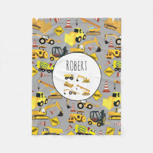 Construction Trucks Pattern Customised Name Fleece Blanket