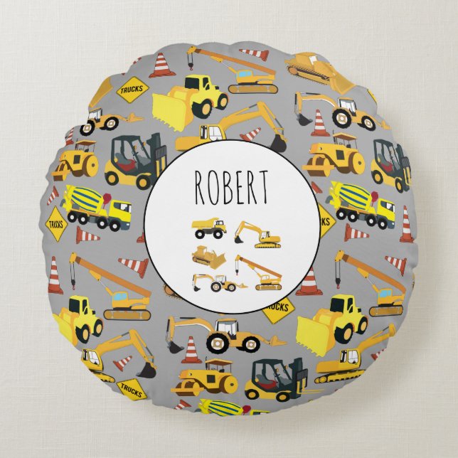 Construction Trucks Pattern Customised Name Round Cushion (Front)