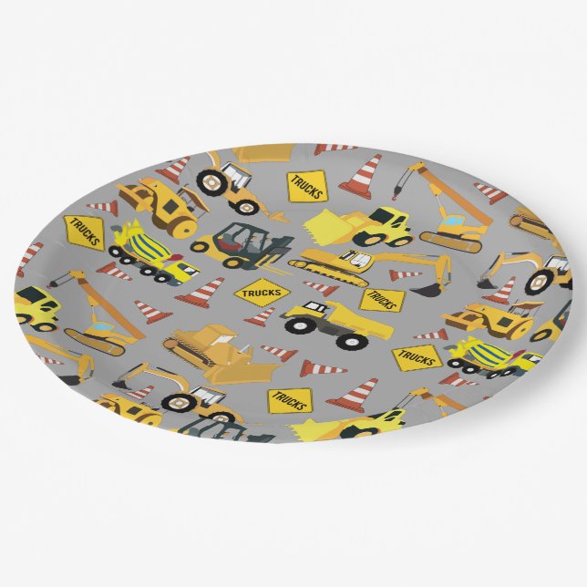 Construction Trucks Pattern Paper Plate (Angled)