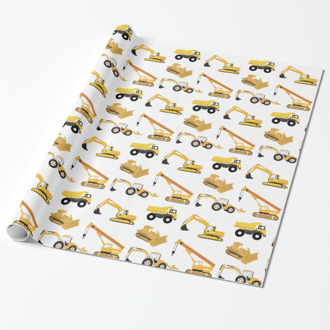 Construction Trucks Pattern Wrapping Paper (Unrolled)