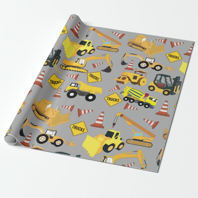 Construction Trucks Pattern Wrapping Paper (Unrolled)