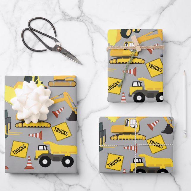 Construction Trucks Pattern Wrapping Paper Sheet (Front)