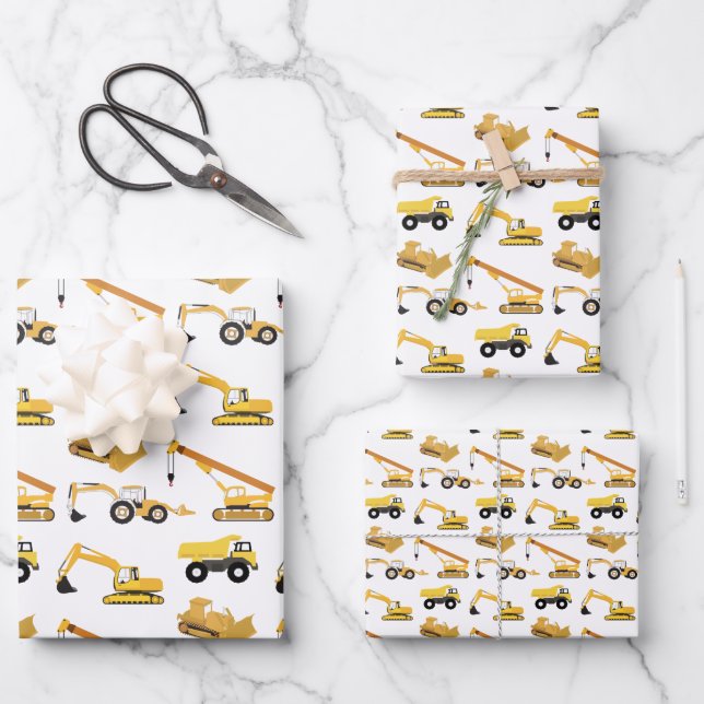 Construction Trucks Pattern Wrapping Paper Sheet (Front)