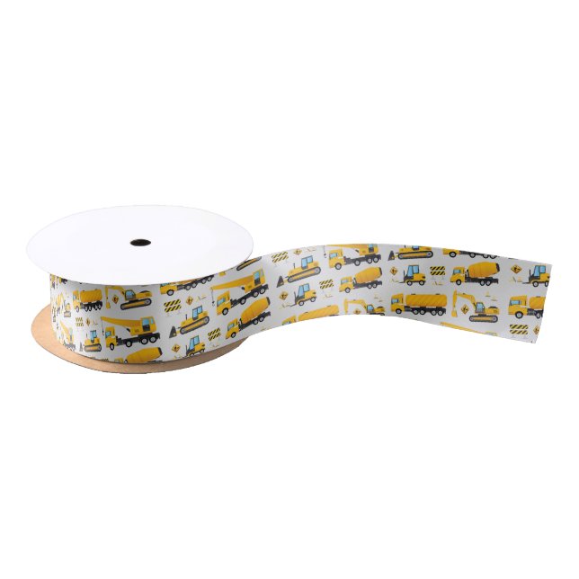 Construction Trucks Pattern Yellow Grey Gift Favou Satin Ribbon (Spool)