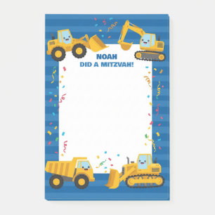 Construction Trucks Personalized Mitzvah  Post-it Notes