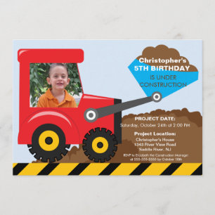 Construction trucks Photo Birthday Party for boys Invitation
