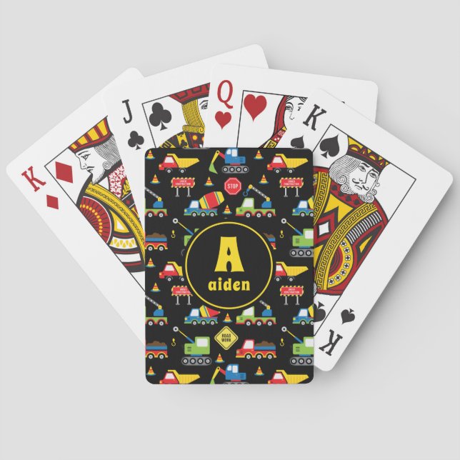 Construction Trucks Roadworks Monogram Name Playing Cards (Back)