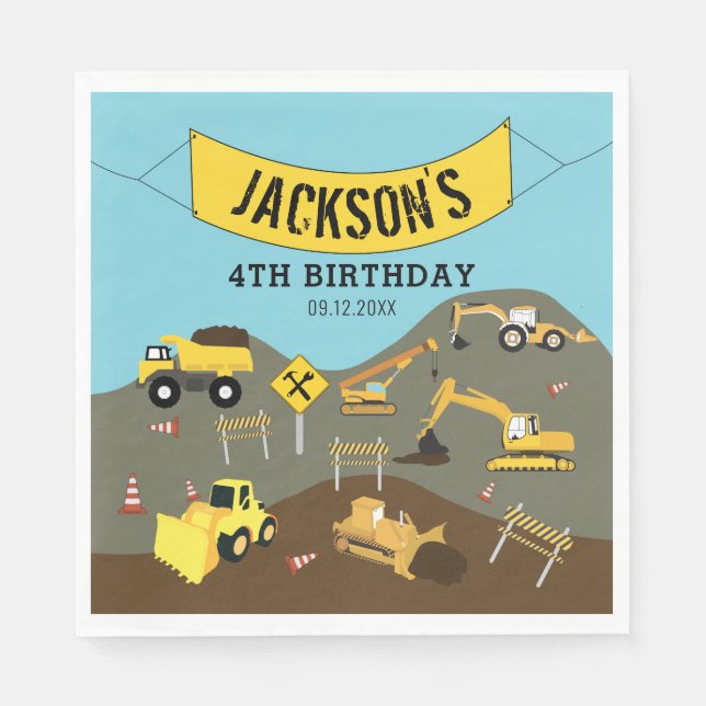 Construction Trucks Site Theme Birthday Party  Napkin (Front)